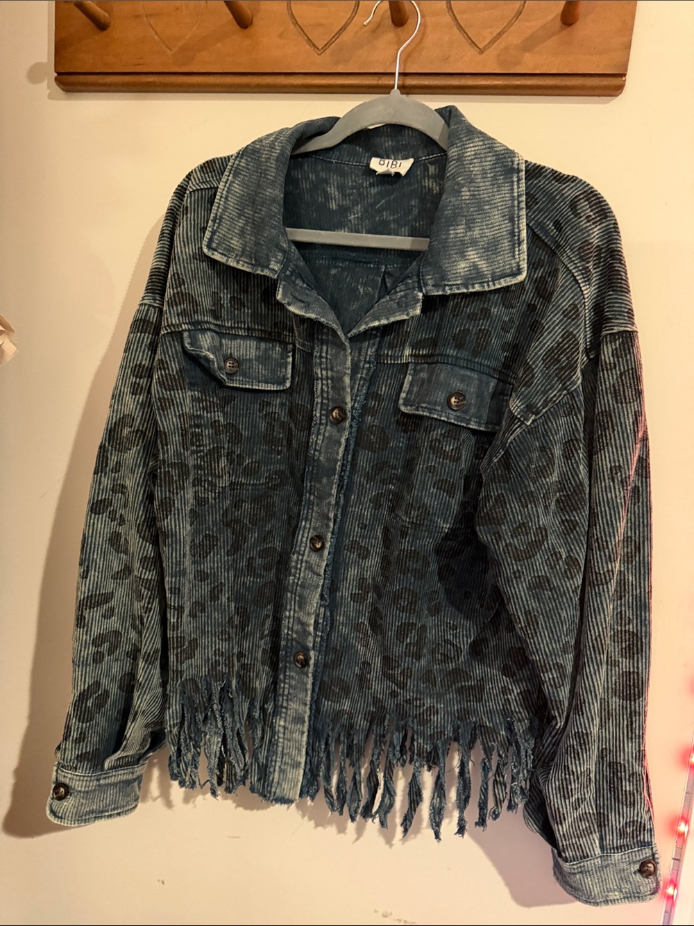 BiBi Blue Corduroy Leopard-Print Fringe Jacket